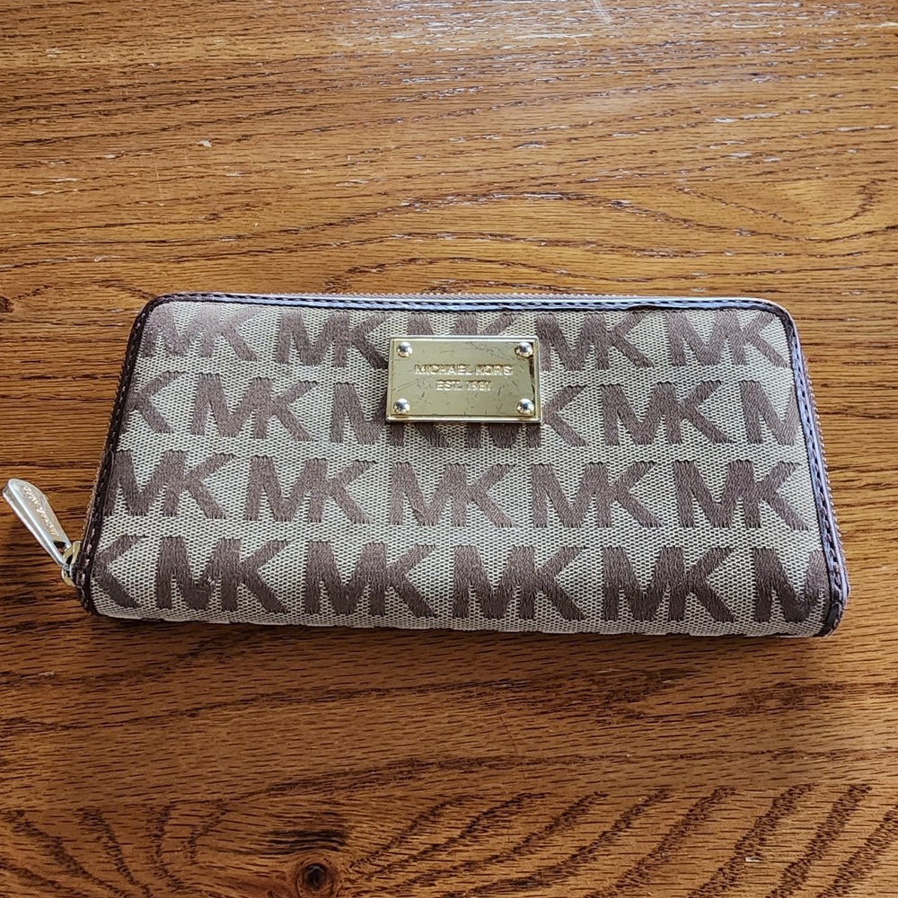 Michael Kors Canvas And Leather Tan & Brown Fabric Zip Around Wallet 8 inch